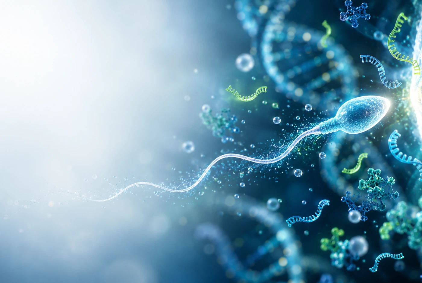 Luminous sperm cell, microRNA strands and molecular detail in a teal and blue biotech illustration